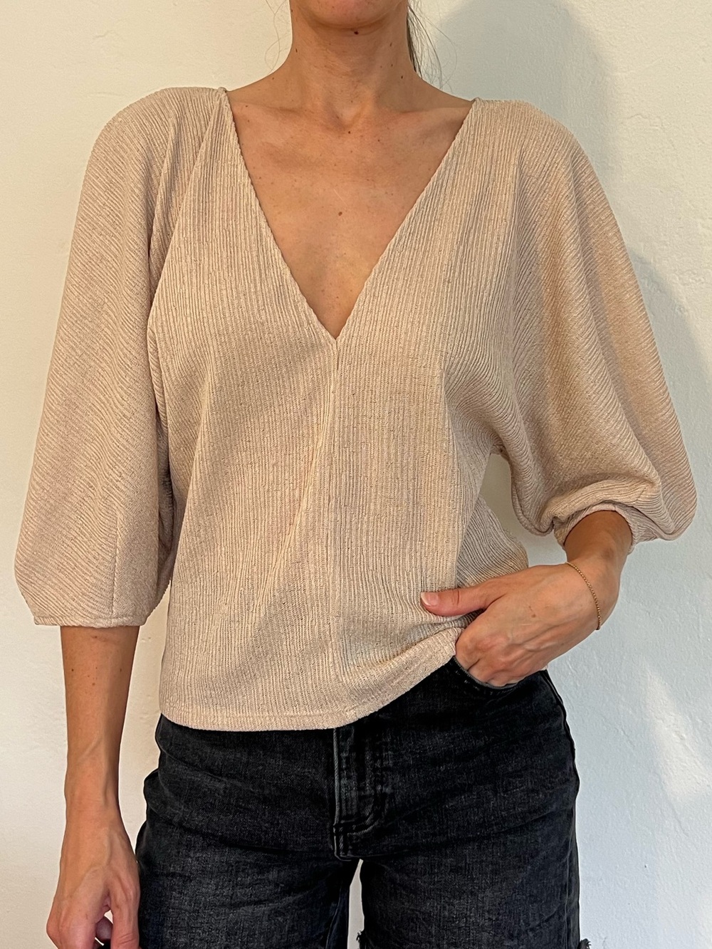 Zara Neutral Ribbed V-Neck Balloon Sleeve Sweater